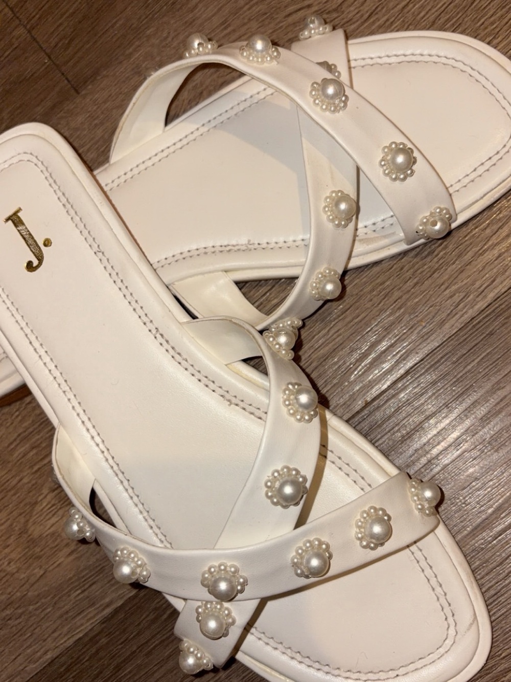 J. White Pearl-Embellished Crisscross Slide Sandals
